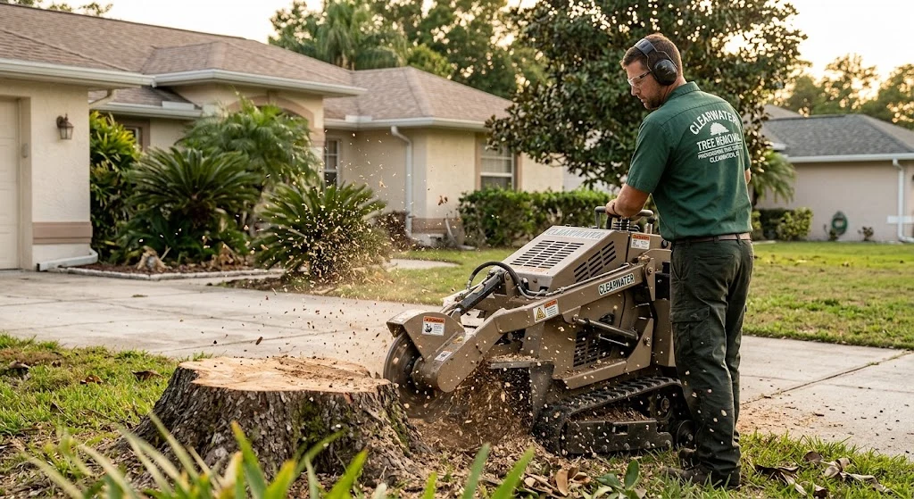 Ground crew member feeding limbs into a wood chipper