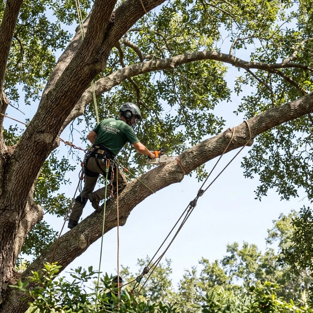 Lead climber for Clearwater Tree Removal rigging a large limb
