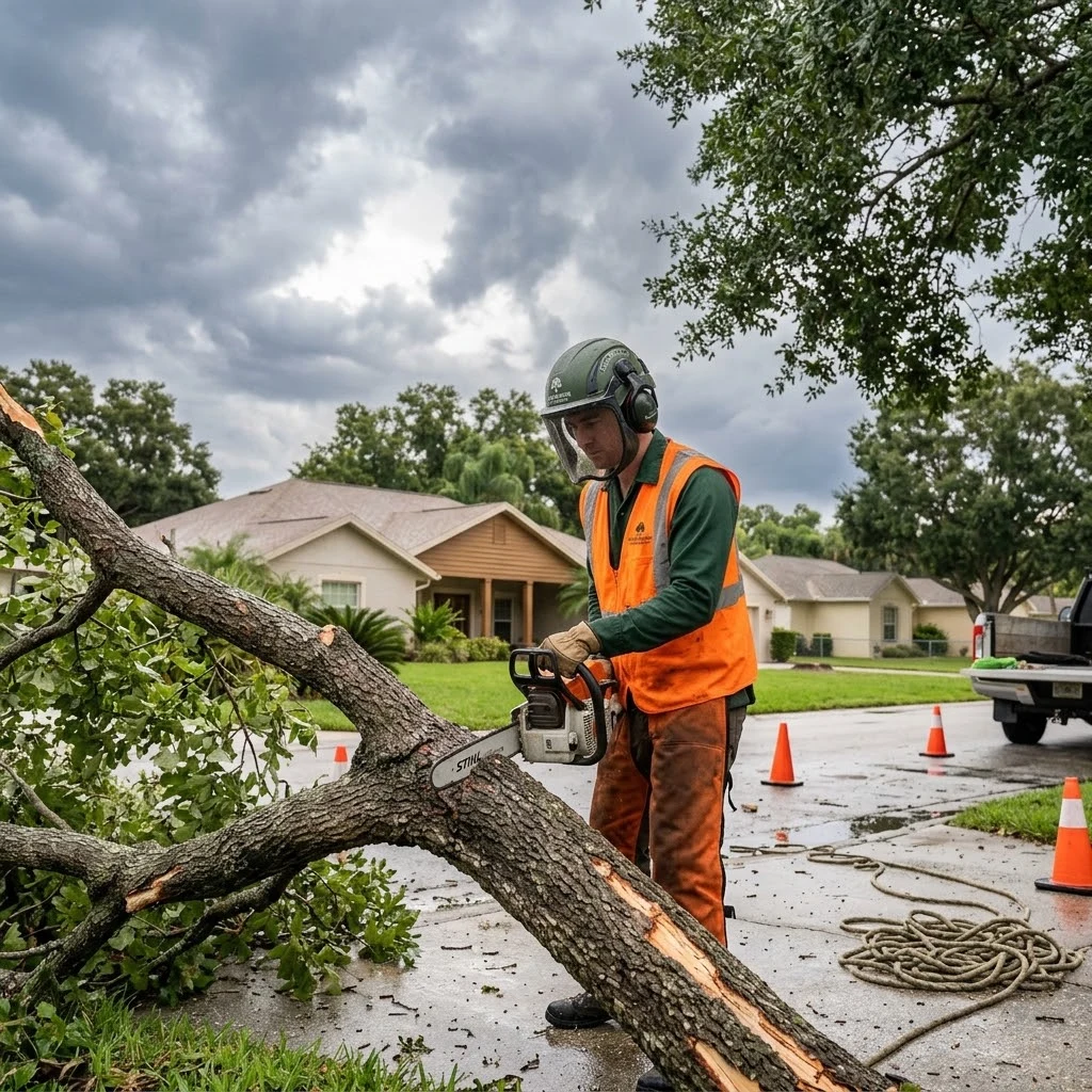 Crew clearing storm-damaged tree limbs after high winds in Palm Harbor