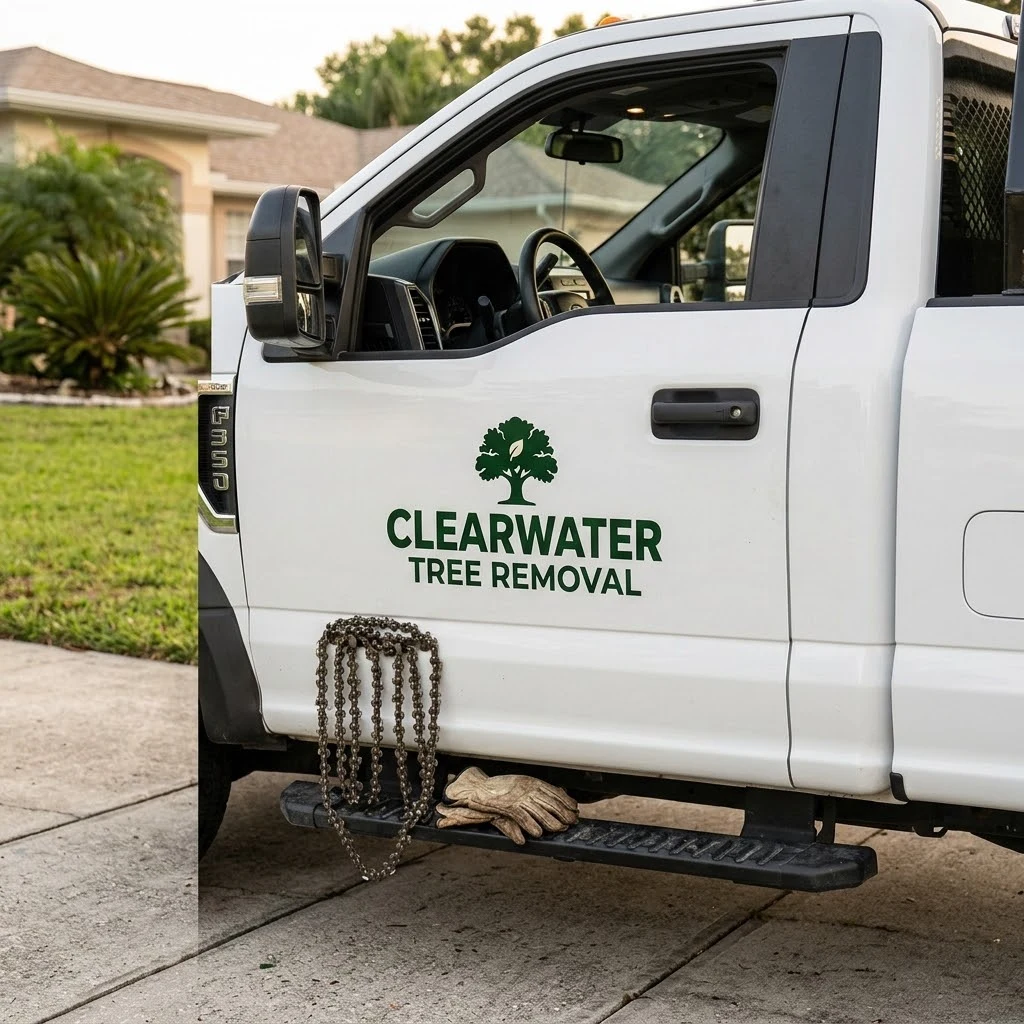 Clearwater Tree Removal technician carrying rigging gear on a job site